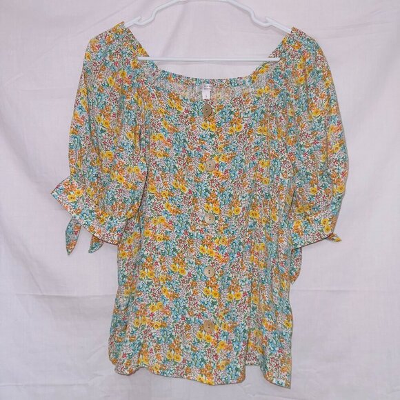 Lauren Conrad LC Floral Print Puff Sleeve Square Neck Button Front Blouse Top SM - Picture 1 of 7